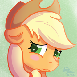 Size: 1000x1000 | Tagged: safe, artist:exobass, derpibooru import, applejack, earth pony, pony, applejack's hat, blushing, clothes, cowboy hat, embarrassed, female, hat, looking away, solo