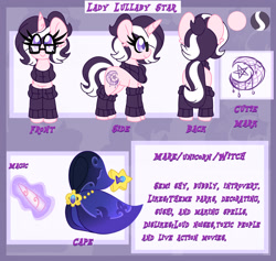 Size: 1920x1818 | Tagged: safe, artist:ladylullabystar, derpibooru import, oc, oc:lullaby star, pony, unicorn, alternate design, cloak, clothes, female, leg warmers, mare, reference sheet, solo