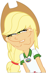 Size: 704x1118 | Tagged: safe, artist:creamyogurt, derpibooru import, edit, applejack, equestria girls, female, just one bite, lip bite, narrowed eyes, rapeface, reference, simple background, solo, spongebob reference, spongebob squarepants, transparent background, wat, you like krabby patties don't you squidward?