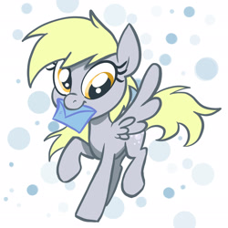 Size: 2048x2048 | Tagged: safe, artist:pfeffaroo, derpibooru import, derpy hooves, pegasus, pony, abstract background, female, full body, high res, hooves, letter, mare, mouth hold, raised hoof, raised leg, solo, spread wings, wings