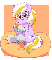 Size: 2943x3390 | Tagged: safe, artist:leo19969525, derpibooru import, oc, oc only, earth pony, pony, blushing, clothes, controller, cutie mark, earth pony oc, eyebrows, eyebrows visible through hair, female, glasses, hair, high res, hoof hold, mare, open mouth, open smile, orange background, simple background, sitting, smiling, socks, solo, tail, two toned mane, two toned tail