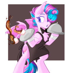 Size: 1000x1000 | Tagged: safe, artist:thieftea, derpibooru import, oc, oc only, bat pony, pony, apron, bowtie, cup, solo, teacup, waitress