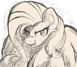 Size: 4000x3484 | Tagged: safe, alternate version, artist:czu, derpibooru import, fluttershy, pegasus, pony, bust, fangs, monochrome, open mouth, open smile, sketch, smiling, solo