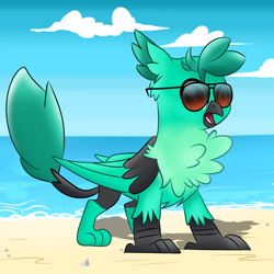 Size: 2500x2500 | Tagged: safe, artist:pizzamovies, derpibooru import, oc, oc:baja, griffon, beach, female, ocean, solo, sunglasses, water