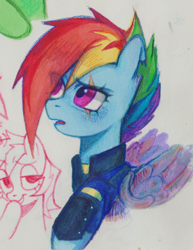 Size: 1812x2344 | Tagged: safe, artist:oops pio, derpibooru import, rainbow dash, pegasus, pony, the cutie re-mark, amputee, colored, marker drawing, metal wing, open mouth, prosthetic limb, prosthetic wing, prosthetics, scar, solo, traditional art, wings