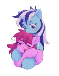 Size: 929x1200 | Tagged: safe, artist:g4bby, derpibooru import, berry punch, berryshine, minuette, earth pony, pony, unicorn, berrygate, blushing, crying, drunk, female, hug, hug from behind, lesbian, mare, shipping, simple background, white background