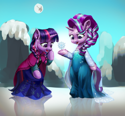 Size: 1926x1790 | Tagged: artist needed, source needed, safe, derpibooru import, nightmare moon, starlight glimmer, twilight sparkle, semi-anthro, unicorn, anna, bipedal, braid, clothes, crossover, dress, duo, elsa, female, frozen (movie), mare, mare in the moon, moon, open mouth, snow, snowflake, twin braids