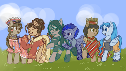 Size: 1920x1080 | Tagged: safe, artist:metaruscarlet, derpibooru import, oc, oc only, oc:ligaya, oc:malie pawwai/riptide, oc:maria reyes, oc:reyna, oc:shaiana morris/aqua marine, oc:silent shot, earth pony, original species, pegasus, pony, shark, shark pony, boots, choker, clothes, cloud, converse, crown, cute, dress, ear piercing, earring, eyebrow piercing, eyes closed, feather, female, field, filipino, grass, grin, headdress, hoodie, jacket, jewelry, looking at each other, looking at someone, mare, necklace, open mouth, philippines, piercing, ponified, ponified oc, raised hoof, raised leg, regalia, shirt, shoes, shorts, skirt, sky, smiling, socks, sunglasses, superhero, tanktop, tattoo, tooth