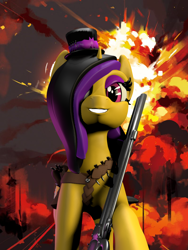 Size: 814x1080 | Tagged: safe, artist:sin75, derpibooru import, oc, oc:quick shot, unicorn, bag, bullet, dynamite, explosion, explosives, gun, sculpted, simple background, solo, weapon