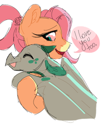 Size: 1280x1587 | Tagged: safe, artist:moonert, derpibooru import, fluttershy, oc, oc:malachite, dragon, pegasus, pony, adopted offspring, dragoness, female, fluttermom, hug, mother and child, mother and daughter, older, older fluttershy, parent and child, simple background, speech bubble, transparent background