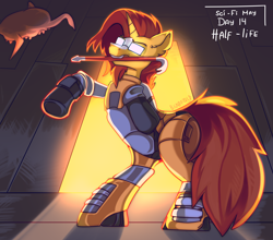 Size: 2500x2200 | Tagged: safe, artist:freak-side, derpibooru import, sunburst, pony, unicorn, crowbar, gordon freeman, half-life, headcrab, solo