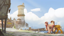 Size: 3556x2000 | Tagged: safe, artist:littlepolly, derpibooru import, oc, oc only, oc:ondrea, oc:swango, hippogriff, pegasus, pony, city, cloud, detailed background, lighthouse, pier, sailboat, scenery, shore, water