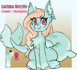 Size: 1668x1512 | Tagged: safe, artist:ruef, derpibooru import, oc, oc:larima berylis, original species, pony, shark, shark pony, cute, ear piercing, earring, female, gradient background, jewelry, mare, piercing, red eyes, solo, solo female