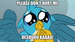 Size: 800x450 | Tagged: safe, derpibooru import, edit, edited screencap, screencap, gallus, griffon, g4, school daze, begging, big eyes, bronybait, caption, desu, image macro, male, meme, nin10doh, solo, text