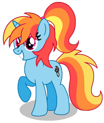 Size: 690x817 | Tagged: safe, artist:madlilon2051, derpibooru import, edit, editor:pagiepoppie12345, oc, oc only, oc:artie brush, pony, unicorn, female, horn, looking at you, mare, multicolored hair, paint, paintbrush, ponytail, rainbow hair, raised hoof, raised leg, simple background, smiling, transparent background