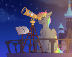 Size: 4000x3200 | Tagged: safe, artist:chamommille, derpibooru import, oc, oc only, oc:dark rainbow, pegasus, pony, astronomy, book, castle, commission, constellation, cutie mark, eyes closed, folded wings, male, night, pegasus oc, sitting, solo, stallion, stars, telescope, wings, working, ych result