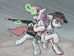 Size: 1872x1413 | Tagged: safe, artist:reddthebat, derpibooru import, nurse redheart, sweetie belle, earth pony, pony, unicorn, blood, browning auto-5, crying, gun, helmet, magic, medic, puddle, rain, sad, shooting, shotgun, telekinesis, trench warfare, war, weapon, world war i