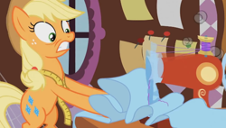 Size: 668x380 | Tagged: safe, derpibooru import, screencap, applejack, earth pony, pony, magical mystery cure, season 3, a true true friend, applejack's hat, bipedal, carousel boutique, clothes, cowboy hat, fabric, female, hat, mare, measuring tape, sewing, sewing machine, shocked, smoke, solo, swapped cutie marks, youtube link