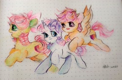 Size: 3000x1950 | Tagged: safe, artist:jile5761, derpibooru import, apple bloom, scootaloo, sweetie belle, earth pony, pegasus, pony, unicorn, cutie mark crusaders, female, filly, foal, traditional art