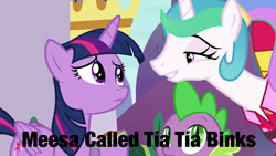 Size: 1280x720 | Tagged: safe, derpibooru import, edit, edited screencap, screencap, princess celestia, spike, twilight sparkle, twilight sparkle (alicorn), alicorn, dragon, pony, between dark and dawn, season 9, spoiler:s09, alternate hairstyle, bedroom eyes, clothes, eyelashes, female, grin, jar jar binks, male, mare, meme, shirt, smiling, star wars, star wars: the phantom menace