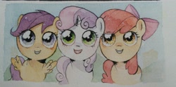 Size: 3000x1485 | Tagged: safe, artist:fantasysong864, derpibooru import, apple bloom, scootaloo, sweetie belle, earth pony, pegasus, pony, unicorn, cutie mark crusaders, female, filly, foal, traditional art