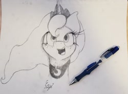 Size: 1518x1120 | Tagged: safe, artist:engi, derpibooru import, princess luna, alicorn, pony, crown, female, happy, jewelry, looking at you, open mouth, pencil drawing, photo, regalia, simple background, solo, traditional art