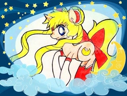 Size: 900x675 | Tagged: safe, artist:cryptidkitty, derpibooru import, earth pony, pony, anime, crossover, female, mare, night, ponified, sailor moon, smiling, stars, tsukino usagi