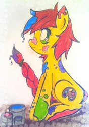 Size: 585x829 | Tagged: safe, artist:cryptidkitty, derpibooru import, oc, oc only, oc:paint pallet, earth pony, pony, female, mare, paint, paint can, pencil drawing, requested art, sitting, smiling, traditional art