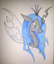 Size: 600x709 | Tagged: safe, artist:cryptidkitty, derpibooru import, queen chrysalis, changeling, changeling queen, pony, ears, fangs, female, floppy ears, holes, horn, mare, pencil drawing, traditional art, wings