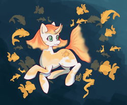 Size: 1800x1500 | Tagged: safe, artist:bitpony, derpibooru import, oc, oc only, fish, pony, unicorn, bubble, female, goldfish, green eyes, horn, mare, ocean, orange mane, signature, smiling, solo, swimming, underwater, water