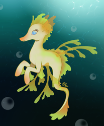 Size: 1653x2000 | Tagged: safe, artist:bitpony, derpibooru import, oc, oc only, hybrid, merpony, seapony (g4), blue eyes, bubble, crepuscular rays, dorsal fin, female, fins, fish tail, leafy seadragon, mare, ocean, smiling, solo, sunlight, tail, underwater, water