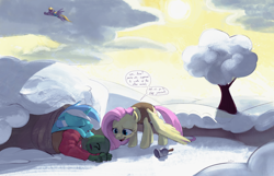 Size: 4112x2644 | Tagged: safe, artist:dotkwa, derpibooru import, fluttershy, lyra heartstrings, oc, oc:anon, pegasus, pony, unicorn, art pack:winter wrap pack, bell, dialogue, female, high res, human in equestria, male, mare, sleeping, snow, speech bubble, sweat, sweatdrop, winter, winter wrap up vest