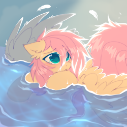 Size: 1000x1000 | Tagged: safe, artist:mirtash, derpibooru import, fluttershy, pegasus, pony, crying, feather, solo, underwater, water, wings