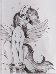 Size: 2801x3687 | Tagged: safe, artist:nightydream, derpibooru import, rainbow dash, pony, grin, monochrome, scene interpretation, smiling, solo, stooldash, traditional art