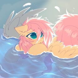 Size: 1000x1000 | Tagged: safe, artist:mirtash, derpibooru import, fluttershy, pegasus, pony, backlighting, cute, daaaaaaaaaaaw, eye clipping through hair, looking up, messy mane, partially open wings, pegaduck, shyabetes, solo, swimming, water, wings