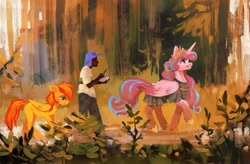 Size: 2048x1346 | Tagged: safe, artist:dearmary, derpibooru import, princess flurry heart, oc, alicorn, human, pegasus, pony, fanfic art, female, forest, freckles, frown, mare, older, older flurry heart, scenery, smiling, trio, walking