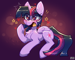 Size: 2228x1802 | Tagged: safe, artist:gicme, derpibooru import, twilight sparkle, twilight sparkle (alicorn), alicorn, pony, blushing, chest fluff, eye clipping through hair, female, heart, high res, mare, open mouth, open smile, raised hoof, raised leg, signature, smiling, solo, stars