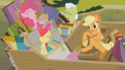 Size: 1280x720 | Tagged: safe, derpibooru import, screencap, apple bloom, applejack, granny smith, pinkie pie, earth pony, pony, pinkie apple pie, season 4, ^^, adorabloom, animated, apple bloom's bow, applejack's hat, bow, clothes, cowboy hat, cute, diapinkes, eyes closed, female, filly, foal, gif, gifs.com, hair bow, hat, jackabetes, mare, open clothes