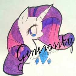 Size: 600x601 | Tagged: safe, artist:cryptidkitty, derpibooru import, rarity, pony, unicorn, diamond, female, gem, generosity, horn, mare, pencil drawing, smiling, text, traditional art