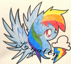 Size: 600x544 | Tagged: safe, artist:cryptidkitty, derpibooru import, rainbow dash, pegasus, pony, cloud, female, loyalty, mare, multicolored hair, pencil drawing, rainbow, rainbow hair, smiling, spread wings, text, traditional art, wings