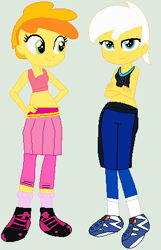 Size: 298x464 | Tagged: safe, artist:matthewjabeznazarioa, derpibooru import, peachy pie, sunny daze, equestria girls, crossover, equestria girls-ified, exeron fighters, martial arts kids, martial arts kids outfits