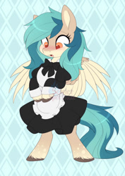 Size: 752x1063 | Tagged: safe, artist:scarlet-spectrum, derpibooru import, oc, oc only, oc:peacher, pegasus, abstract background, bipedal, blushing, clothes, commission, dress, female, maid, mare, obtrusive watermark, pegasus oc, solo, spread wings, surprised, watermark, wings, ych result