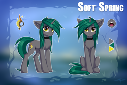 Size: 2664x1791 | Tagged: safe, artist:setharu, derpibooru import, oc, oc:soft spring, pony, unicorn, chest fluff, collar, cutie mark, ear fluff, ears, fangs, female, horn, looking at you, mare, reference sheet, simple background, sitting, solo