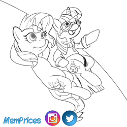 Size: 2812x2812 | Tagged: safe, artist:memprices, derpibooru import, moondancer, sunset shimmer, pony, unicorn, clothes, glasses, leaning back, looking up, open mouth, open smile, pencil drawing, pointing, simple background, sketch, smiling, social media, sweater, traditional art, white background, wip