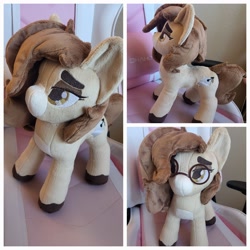 Size: 2048x2048 | Tagged: safe, artist:vintyri, derpibooru import, oc, oc only, oc:pencil test, earth pony, pony, chair, colored hooves, earth pony oc, female, glasses, irl, lidded eyes, photo, plushie, solo, thick eyebrows