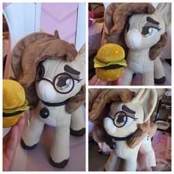 Size: 2048x2048 | Tagged: safe, artist:vintyri, derpibooru import, oc, oc only, oc:pencil test, earth pony, pony, bell, burger, chair, choker, collar, colored hooves, earth pony oc, female, food, glasses, irl, lidded eyes, photo, plushie, solo focus, thick eyebrows