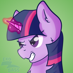 Size: 1000x1000 | Tagged: safe, artist:exobass, derpibooru import, twilight sparkle, angry, expression, glowing, glowing horn, horn, magic, teeth grinding