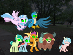 Size: 4140x3108 | Tagged: safe, artist:eli-j-brony, derpibooru import, cozy glow, gallus, ocellus, sandbar, silverstream, smolder, yona, changeling, dragon, earth pony, griffon, hippogriff, pony, yak, bad end, brainwashed, cozy glow is best facemaker, dragoness, evil, evil grin, evil smirk, female, grin, hypnosis, hypnotized, looking at someone, male, pure unfiltered evil, smiling, smirk, student six