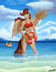 Size: 1280x1639 | Tagged: safe, artist:sa1ntmax, derpibooru import, oc, oc:ayri, oc:wit ray, anthro, earth pony, pegasus, unguligrade anthro, abs, aside glance, beach, beach ball, belly button, bikini, breasts, clothes, cloud, earth pony oc, eyelashes, female, looking at you, muscles, muscular female, ocean, one eye closed, outdoors, pegasus oc, ponytail, shark fin, smiling, standing, summer, swimming, swimsuit, tail, water, wings
