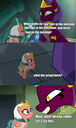 Size: 960x1618 | Tagged: safe, artist:sammyw28, derpibooru import, edit, edited screencap, screencap, somnambula, sphinx (character), pegasus, pony, sphinx, daring done?, comic, dialogue, female, mare, riddle, screencap comic, solo